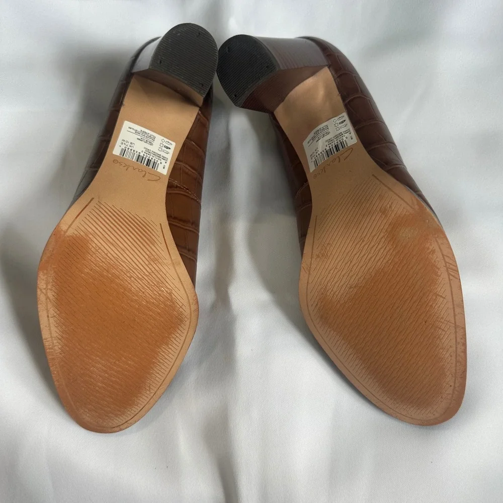 Clarks Kaylin Cara 2 Dark Brown Croc Embossed Leather Block Heel Pumps Size 10W